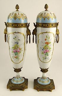Pair 19th Century Sevres Bronze Mounted Hand Painted Porcelain Covered Urns.