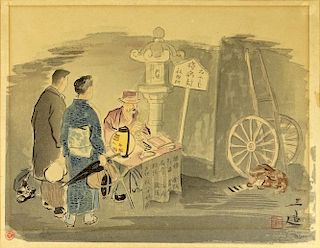 Antique Japanese wood block print on paper "The Fortune Teller"