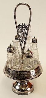 Antique Victorian Wilcox Silverplate Co. Cruet Set with Six (6) Etched Glass Bottles.