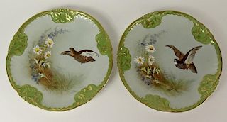 Pair of Hand Painted Limoges Plates. Pretty Floral and Bird Motif with Parcel Gilt Edges.