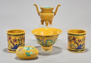 Group of Five Various Chinese Yellow Glazed Porcelains