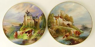 Pair of Vintage Hand Painted Porcelain Chargers. "Pastoral Scenes".