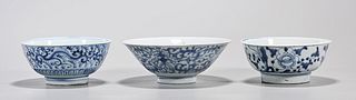 Three Antique Chinese Blue and White Bowls