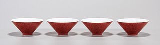 Set of Four Chinese Red Crackle Glazed Conical Bowls