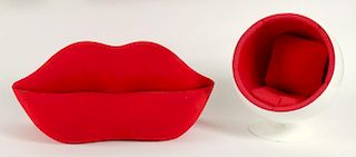 Vintage miniature mid-century modern Ball/Globe Chair and Red Lips Sofa.