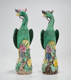 Pair Chinese Enameled Porcelain Phoenix