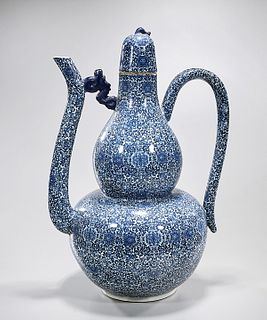 Large Chinese Blue and White Porcelain Covered Ewer