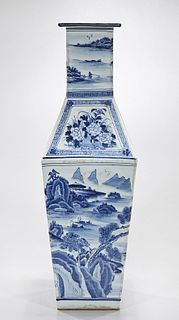 Tall Chinese Blue and White Porcelain Four-Faceted Vase