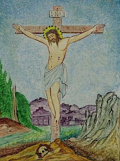 Vintage Enamel on Copper Plaque "The Crucifixion of Jesus".