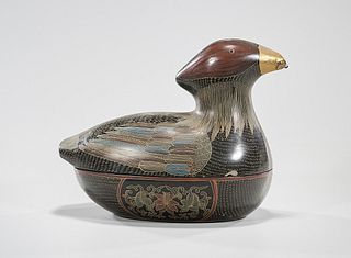 Chinese Painted Wood Covered Duck-Form Box