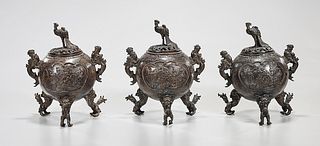 Group of Three Chinese Bronze Covered Censers