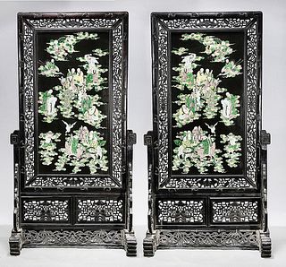 Pair Chinese Framed Enameled Porcelain Plaques