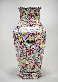 Tall Chinese Enameled Porcelain Hexagonal Vase