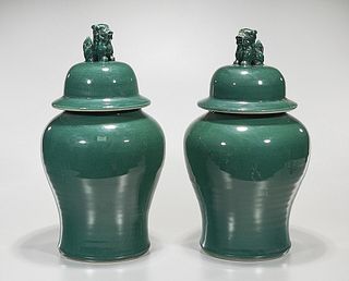 Pair Chinese Green Glazed Porcelain Covered Vases