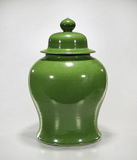 Tall Chinese Green Crackle Glazed Porcelain Covered Vase