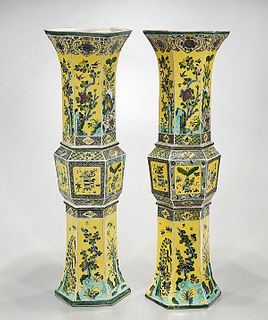 Pair Tall Chinese Enameled Porcelain Hexagonal Gu-Form Vases