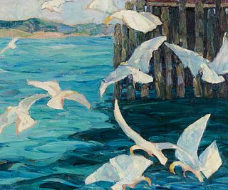 Nellie Augusta Knopf
(American, 1875-1962)
Wheeling Gulls and Wharf, Eastport Maine, c. 1927