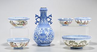 Group of Six Chinese Blue and White Enameled Ceramics