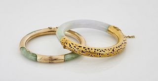 Two 14K Yellow Gold and Jadeite Bangles