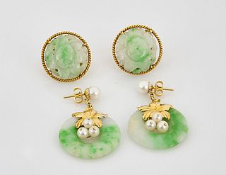 Two Pair 14K Gold and Jadeite Earrings