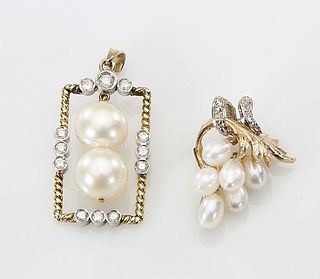 Two 14K Gold Pearl and Diamond Pendants