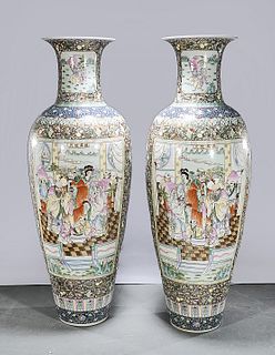 Pair Massive Chinese Enameled Porcelain Vases