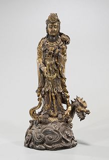Chinese Gilt Metal Guanyin With Dragon