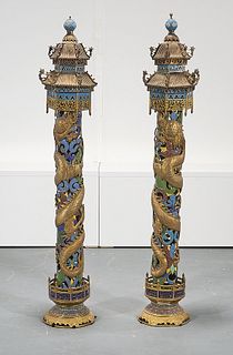 Pair Chinese Cloisonne Enamel Columns
