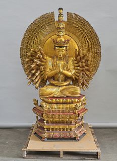 Large Chinese Gilt and Painted Wood Thousand-Armed Guanyin