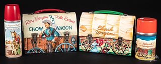 Two western theme tin lunch boxes and thermos