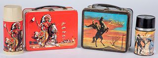 Two western theme tin lunch boxes, with thermos