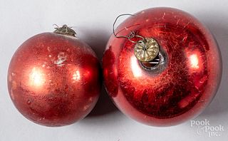 Two red Kugel Christmas ornaments
