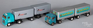 Two Japanese tin friction tandem tractor trailers