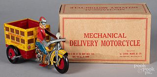 Boxed Marx tin lithograph wind-up motorcycle