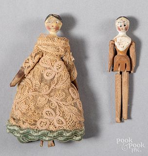 Two Miniature peg wooden dolls, 19th c.