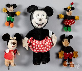 Five cloth Mickey and Minnie Mouse figures