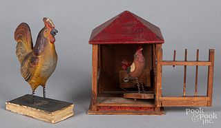 Two composition rooster squeak toys