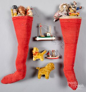 Two vintage Christmas stockings of toys