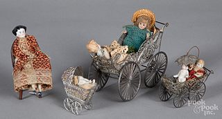 Three white metal dollhouse baby carriages