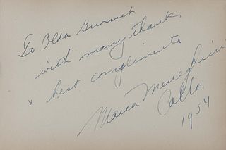 CALLAS, Maria (1923-1977). Autograph note signed ("Maria Meneghini Callas"), to Alda Girouset. N.p., 1954. 1 page, oblong 8vo, 142 x 210 mm, on an aut