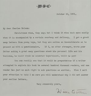 CATHER, Willa (1873-1947).  Typed letter signed ("Willa Cather"), to Charles Nelson. N.p., 20 October 1931. 1 page, 8vo, visible area 180 x 170 mm, on