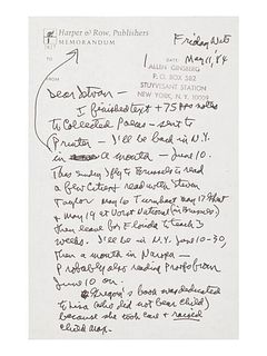 GINSBERG, Allen (1926-1997). Autograph letter signed ("Allan"), to Istvan Eorsi. New York, New York, 11 May 1984. 4 pages, 8vo, 215 x 138 mm, on Harpe