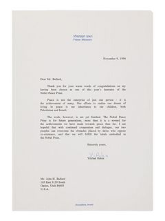 [JUDAICA] RABIN, Yitzhak (1922-1995). Typed letter signed ("Y. Rabin"), as Prime Minister, to John H. Bullard. Jerusalem, 9 November 1994. 1 page, 4to