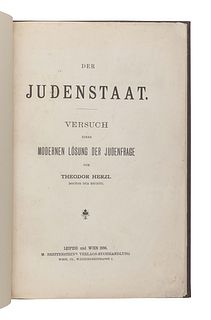 [JUDAICA]. -- HERZL, Theodor (1860-1904). Der Judenstaat. Versuch einer moernen Losung der Judenfrage. Leipzig and Vienna: M Breitenstein, 1896. 