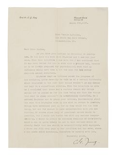 JUNG, Carl Gustav (1875-1961). Typed letter signed ("C. G. Jung"), to Miss Jeanie E. Hughes. Kusnacht, Zurich, 6 March 1937. 1 page, 4to (293 x 209 mm