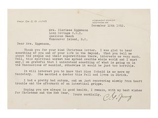 JUNG, Carl Gustav (1875-1961). Typed letter signed ("C. G. Jung"), to Clarisse Eggemann. Kusnacht, Zurich, 12 December 1952. 1 page, oblong 8vo (146 x