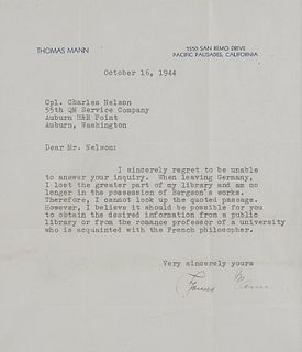MANN, Thomas. Typed letter signed ("Thomas Mann"), to Corporal Charles Nelson. Pacific Palisades, California, 16 October 1944. 1 page, 4to, visible ar