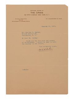 DU BOIS, William Edward Burghardt (1868-1963). Typed letter signed ("W. E. B. Du Bois"), as editor of The Crisis, to Charles H. Wesley. New York, 13 J
