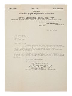 GARVEY, Marcus (1887-1940). Typed letter signed ("Marcus Garvey"), as President-General of the Universal Negro Improvement Association, to Edna Green.