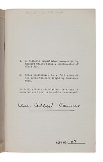 [CAMUS, Albert (1913-1960), his copy]. - WRIGHT, Richard (1908-1960). - WEBB, Constance (1939-1948).  A Hitherto Unpublished Manuscript. N.p.: Strictl